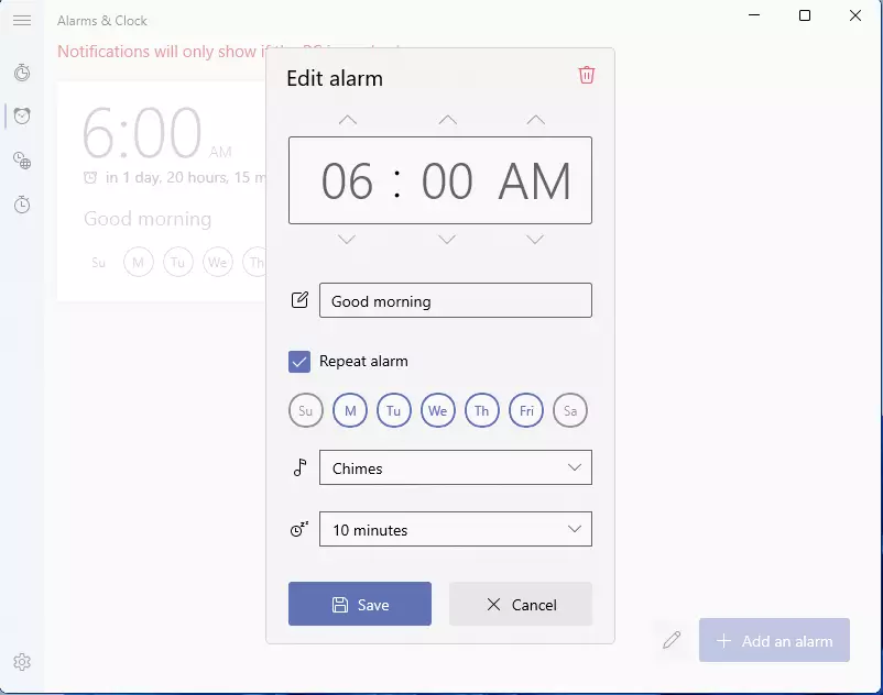 windows 11 alarm selection