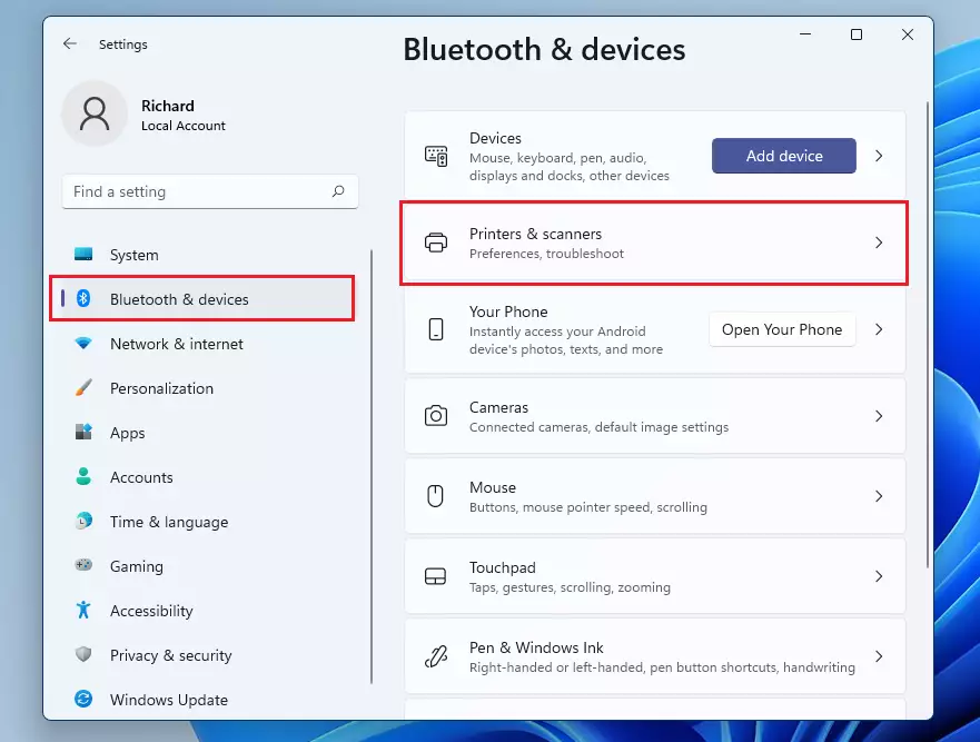 windows 11 bluetooth and device printer and scanner