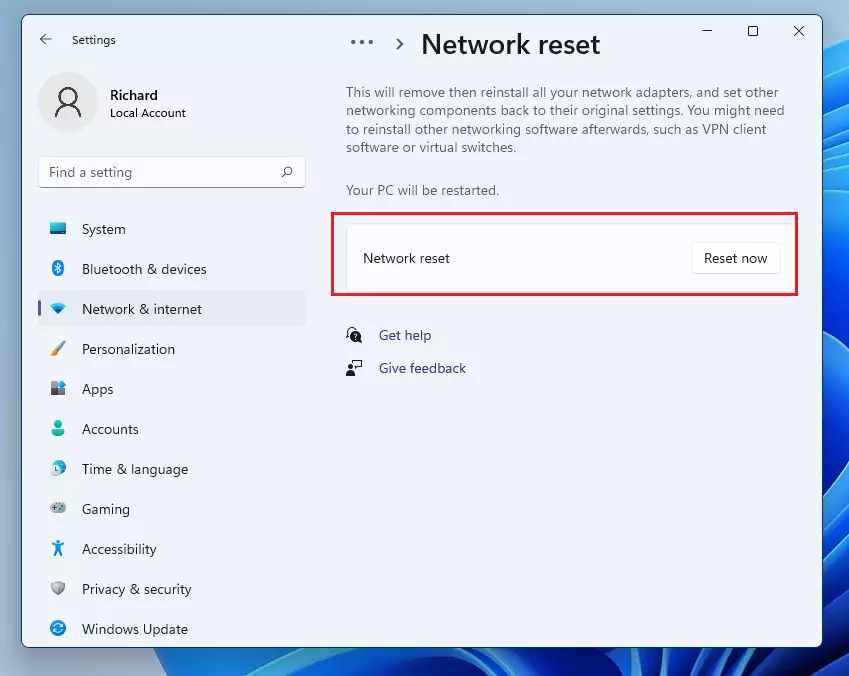 windows 11 reset network button