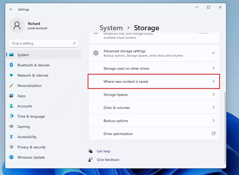 windows 11 where new content is saved