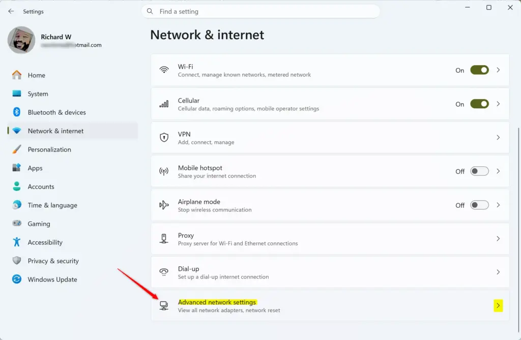 Windows 11 advanced network settings tile for Wake on LAN.