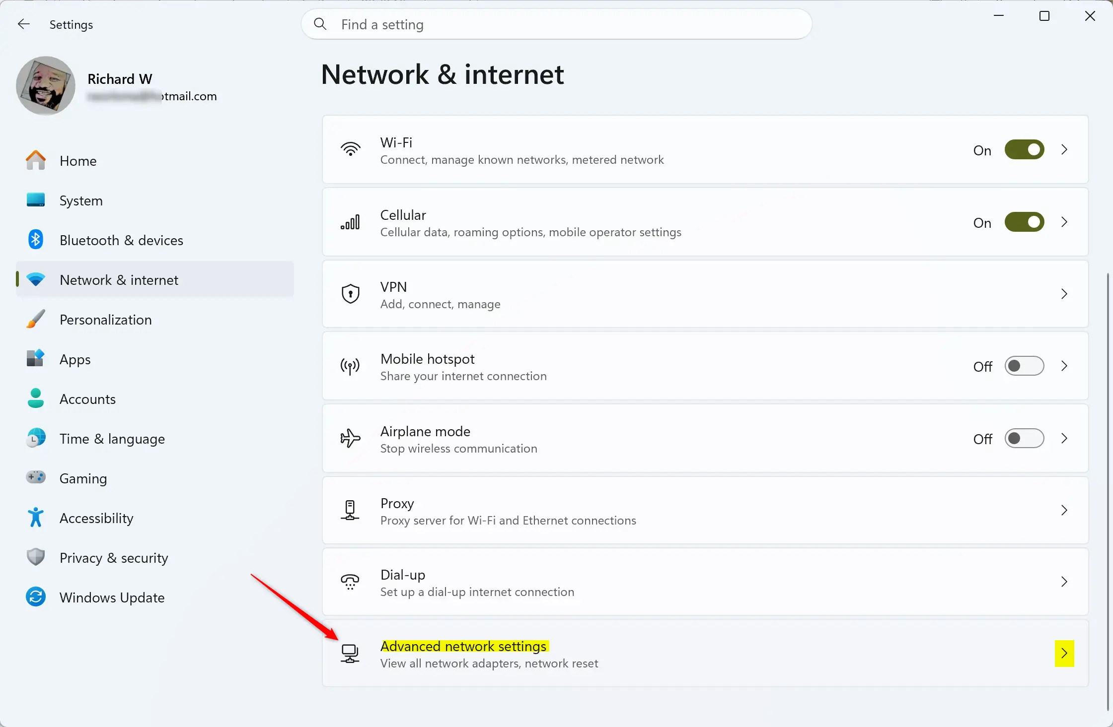 Windows 11 advanced network settings tile for Wake on LAN.