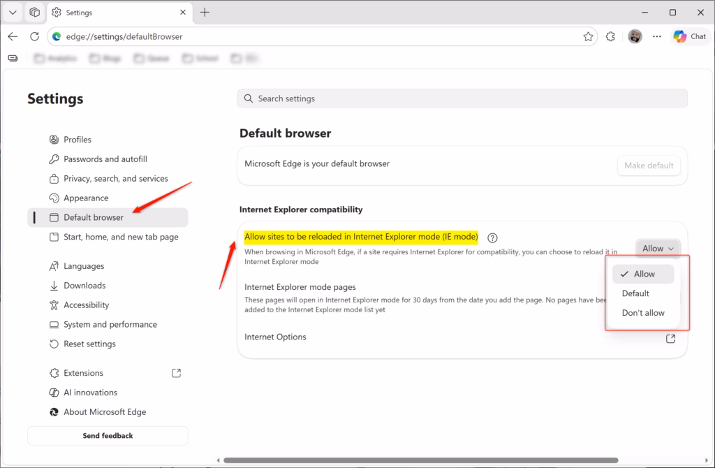 Microsoft Edge settings menu to allow sites in Internet Explorer mode
