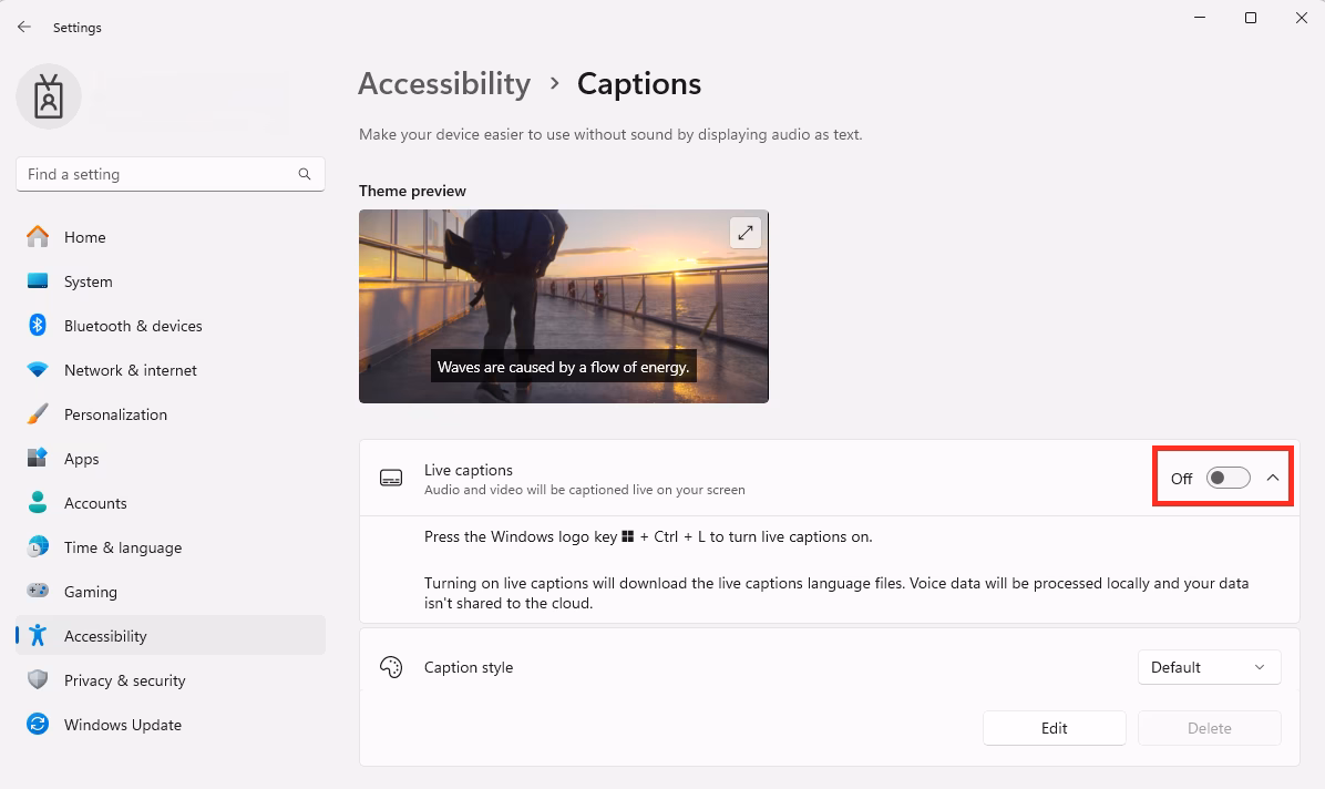 Captions button Windows 11