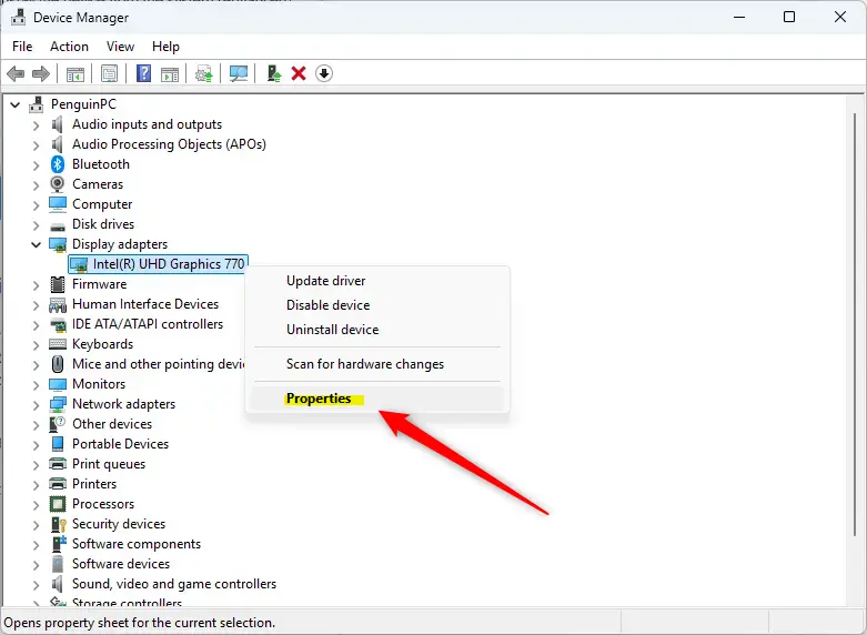 Device Manager properties button to roll back Windows 11 driver.