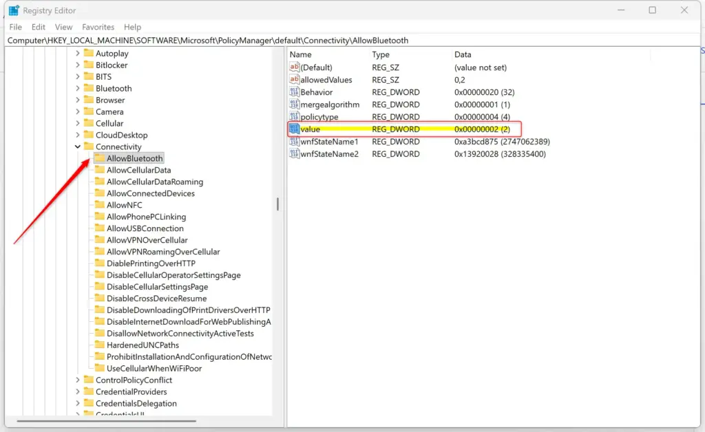 Registry Editor window showing Bluetooth settings in Windows 11.