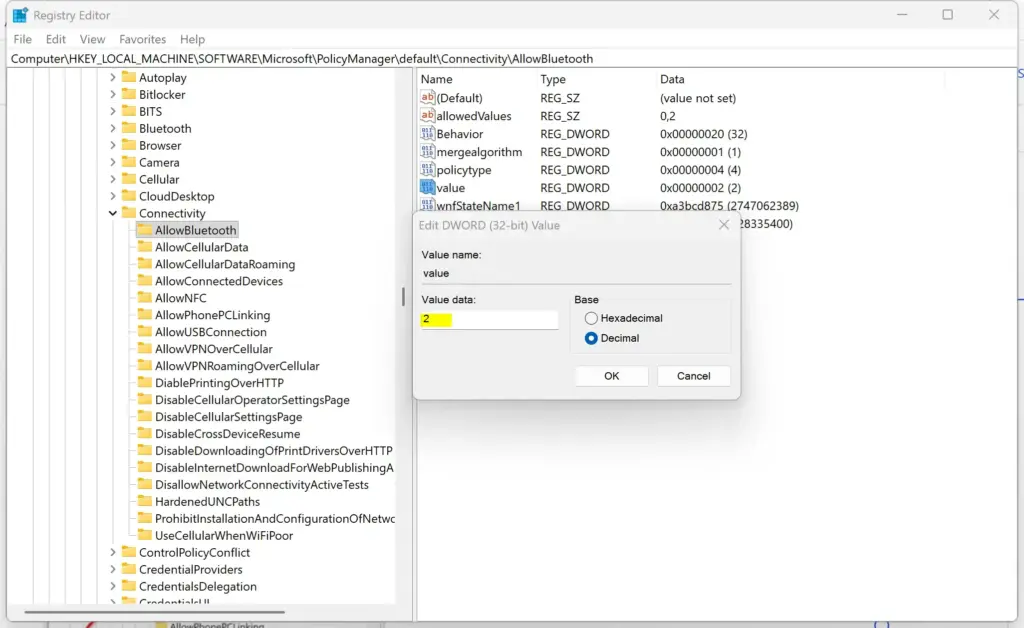 Registry Editor showing how to enable or disable Bluetooth in Windows 11.