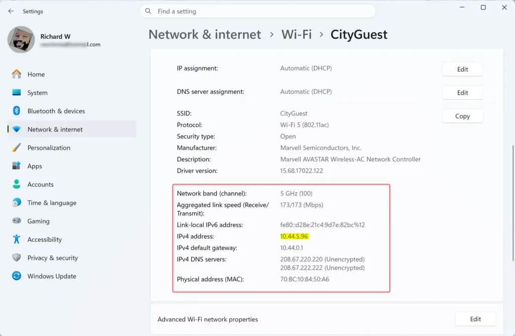Windows 11 IP address details screen showing private and public IP information.