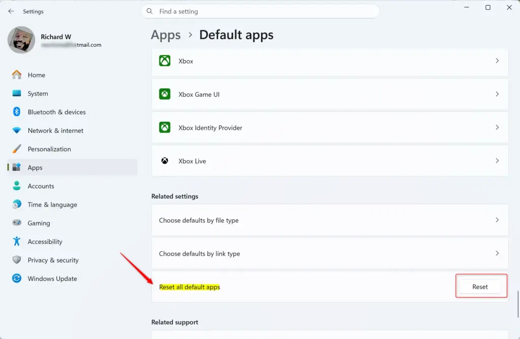 Reset all default apps button in Windows 11 settings.