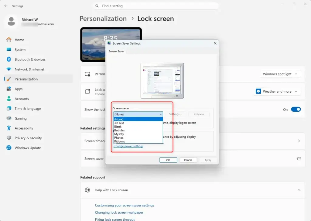 Windows 11 Screen saver settings dialog box with options.