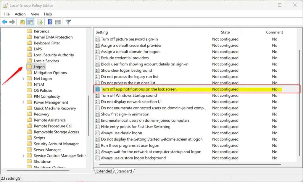 Windows 11 Group Policy Editor for disabling lock screen notifications.