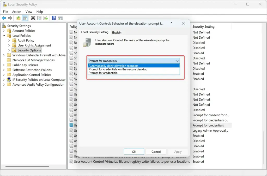 UAC behavior options for standard users in Windows 11 settings.
