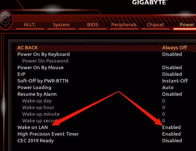 Wake on LAN BIOS settings screen showing network adapter options.
