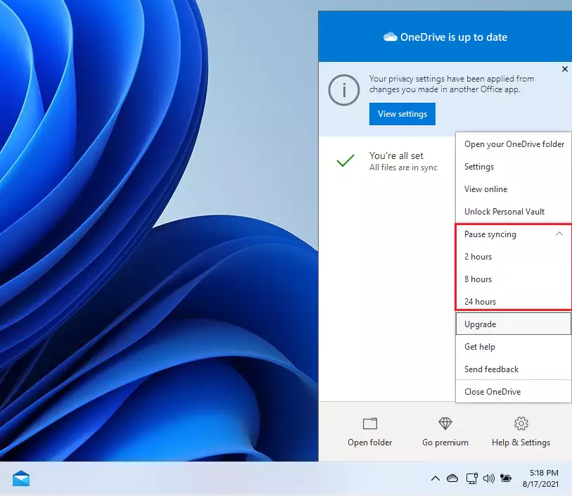 onedrive windows 11 pause syncing time