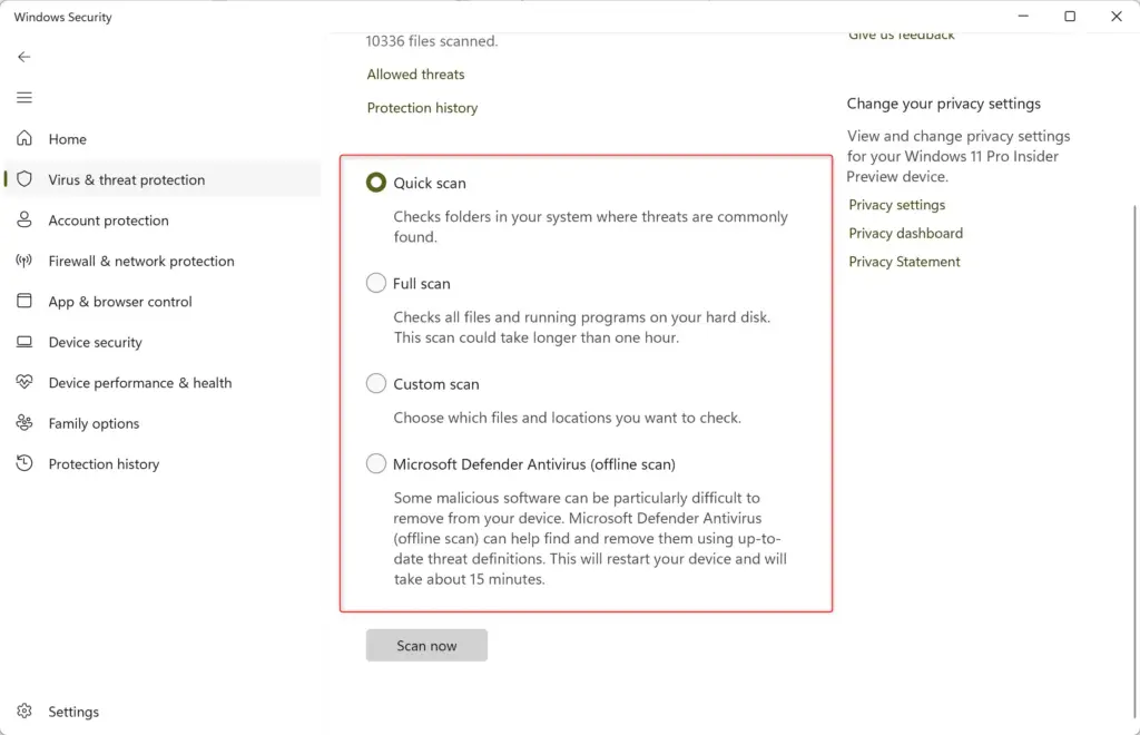 Scan options available for Microsoft Defender Antivirus in Windows.
