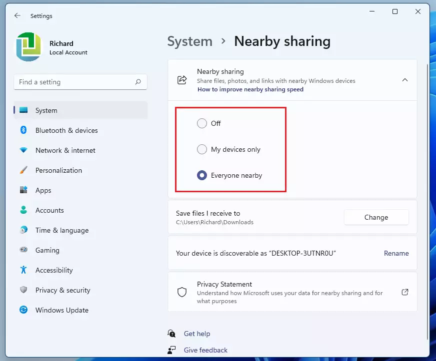 windows 11 enable nearby sharing for everyone