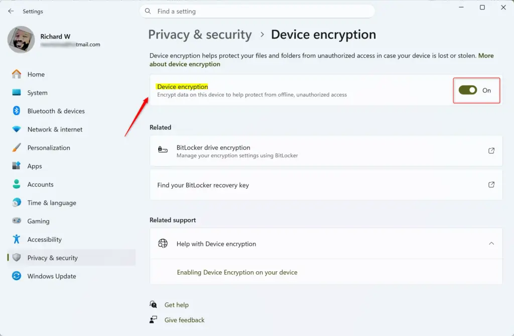 Device encryption toggle switch in Windows 11 settings menu.