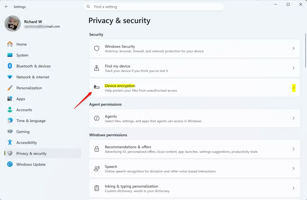 Device encryption option within Windows 11 Privacy & security settings.
