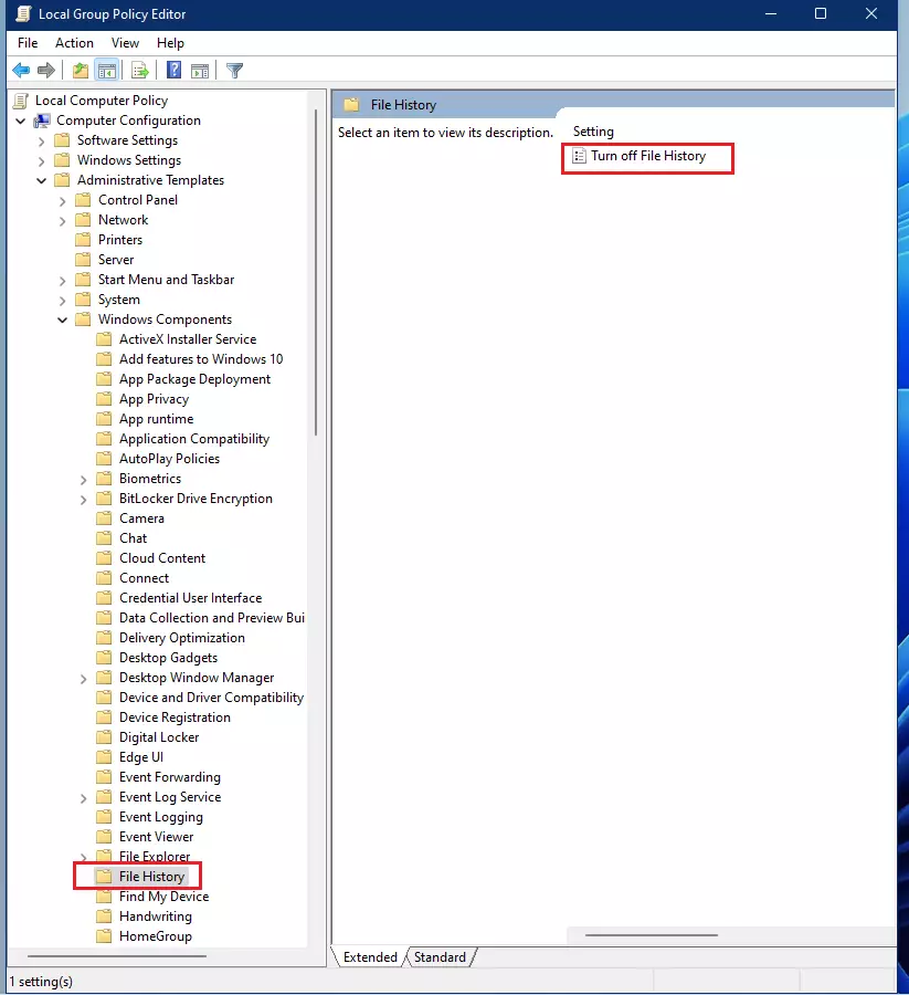 file history off via group policy