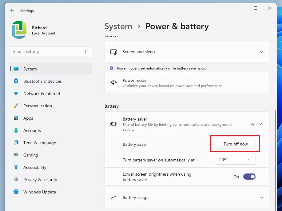turn off the battery saver on windows 11