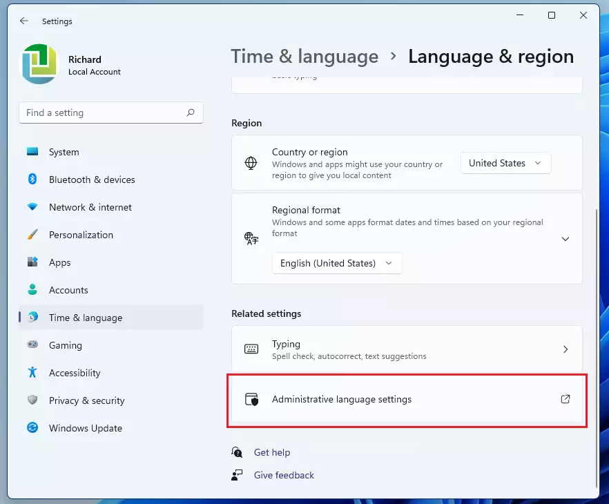 windows 11 administrative language settings