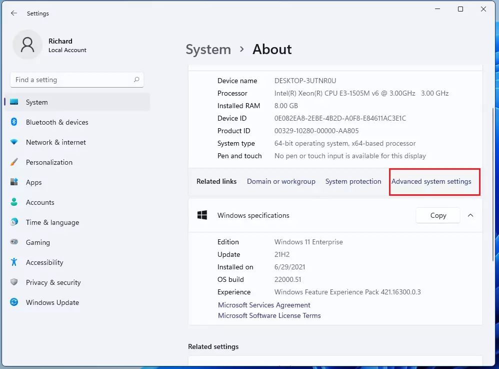 windows 11 advanced system settings