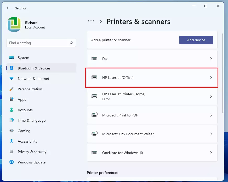 windows 11 select printer on list