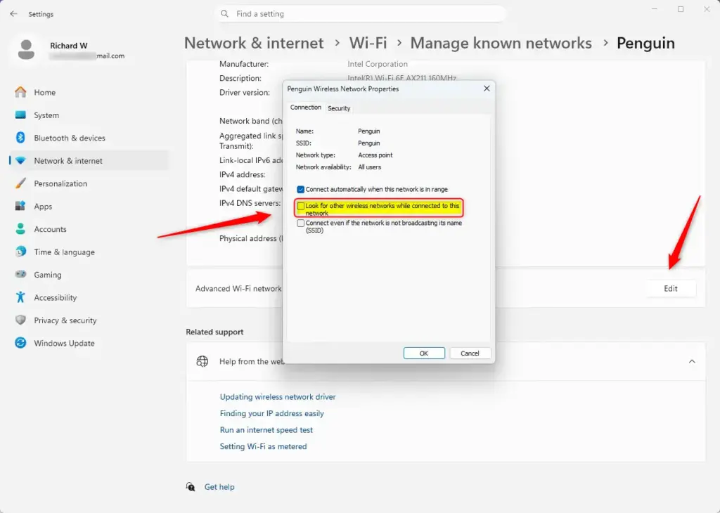 Windows 11 Wi-Fi settings: Look for other networks while connected