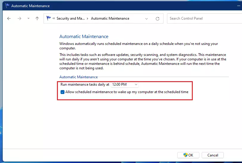 windows 11 automatic maintenance time changed