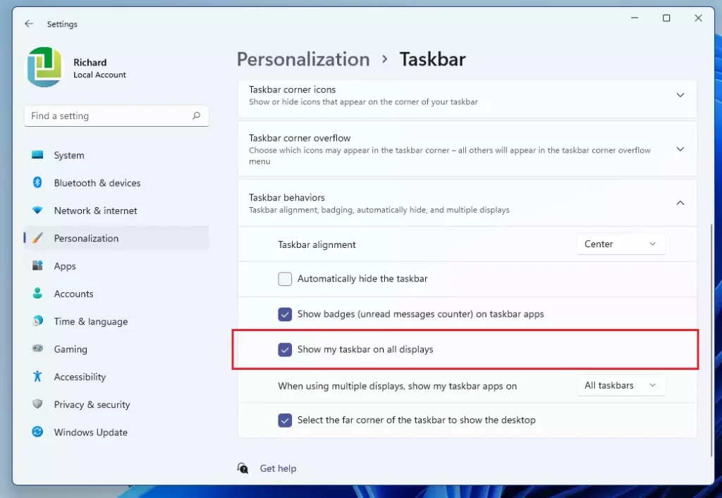windows 11 show taskbar on all monitors updated