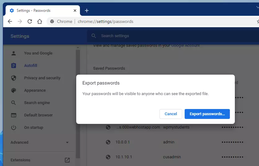 google chrome export passwords button