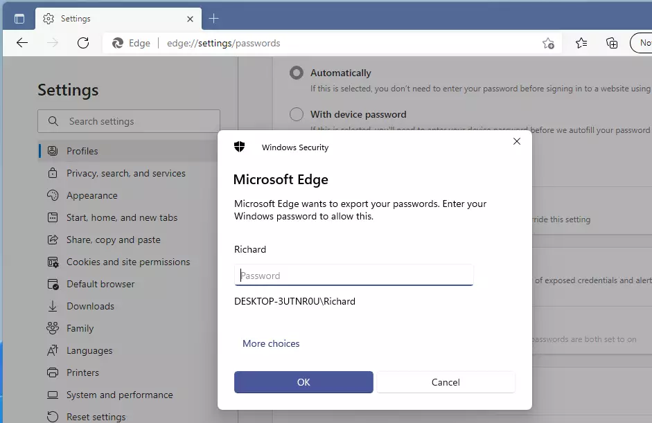 microsoft edge export password windows account