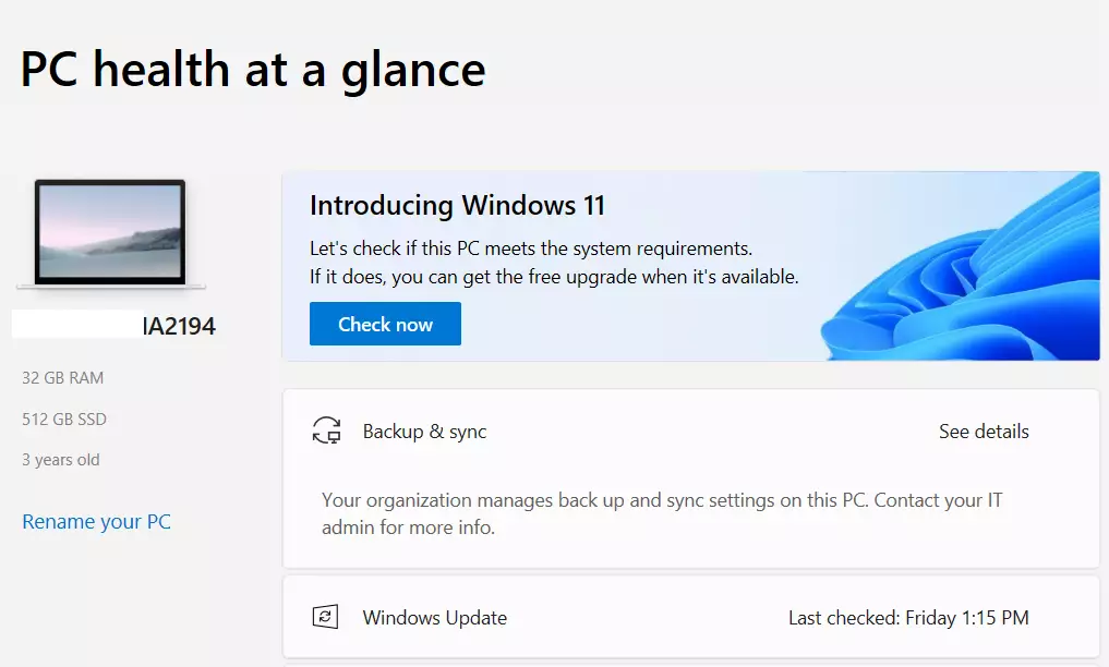 windows 10 check now pc health app