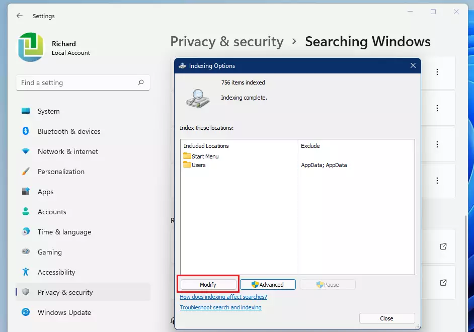 windows 11 indexing options modify