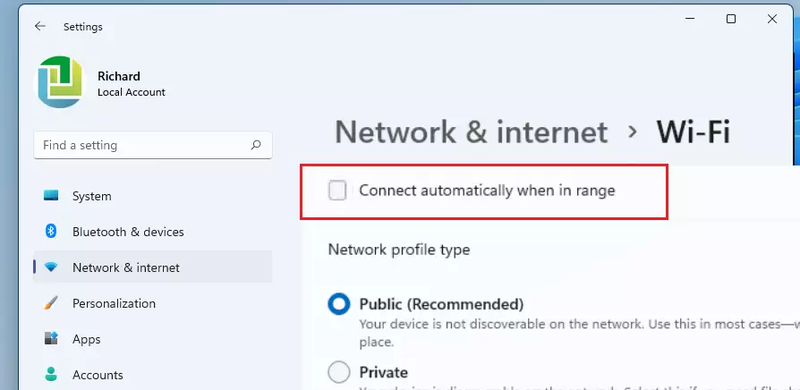 windows 11 uncheck connect automatically when in range