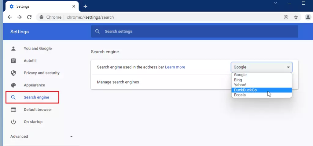 google chrome change search engine