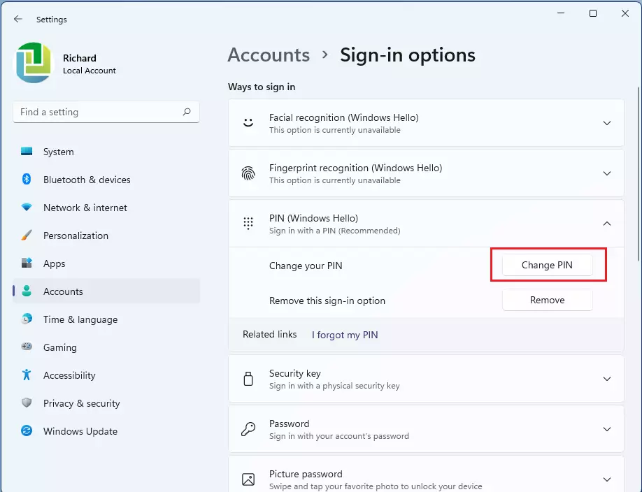 windows 11 change account pin