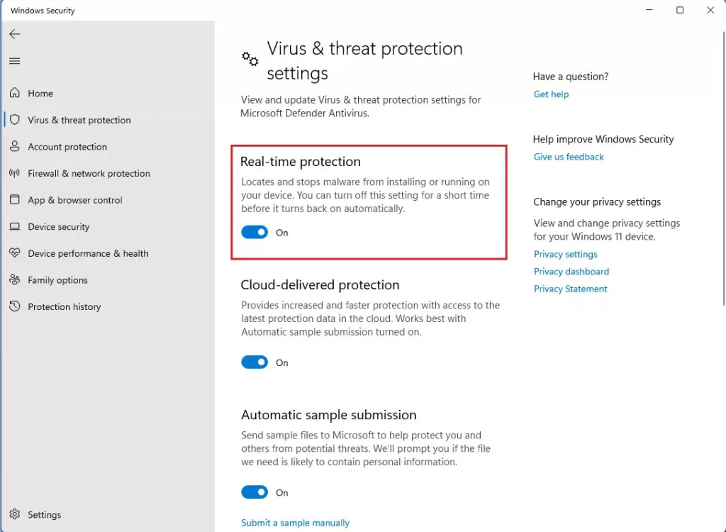 turn on or off microsoft defender real time protection