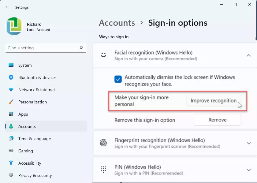 windows 11 improve recognition facial