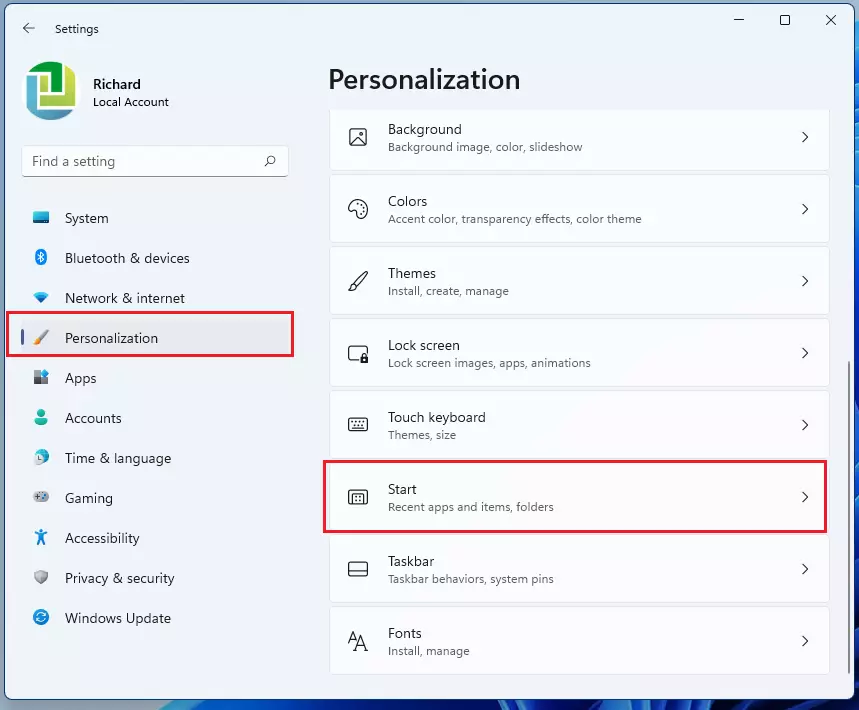 windows 11 personalization start