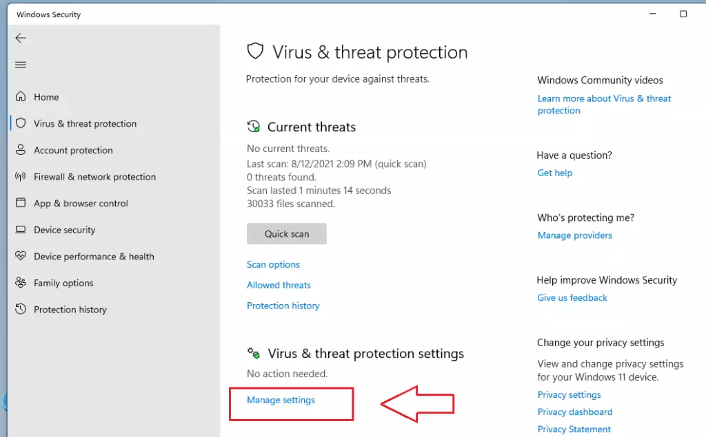 windows virus protection settings manage