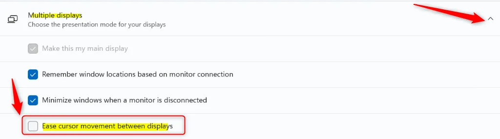 Windows 11 Ease Cursor Movement setting for displays