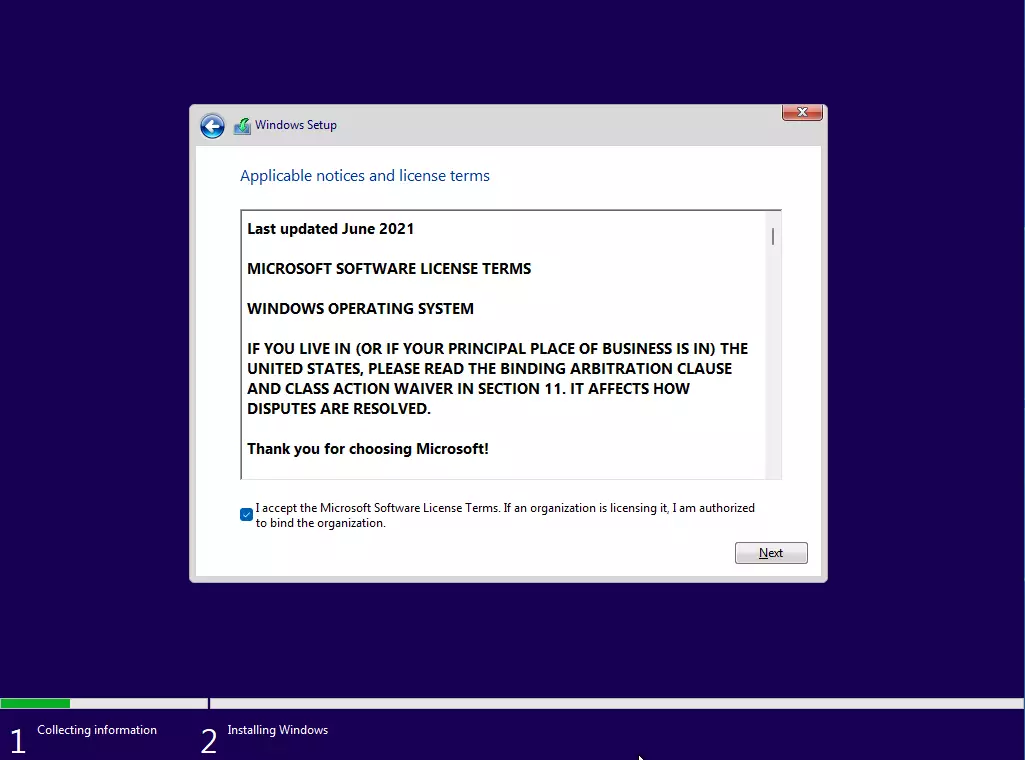 windows 11 install on virtualbox accept eula