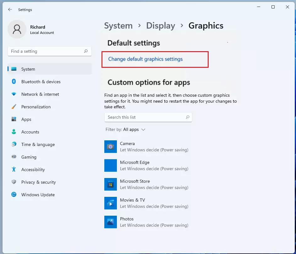 windows 11 display settings change default graphics settings