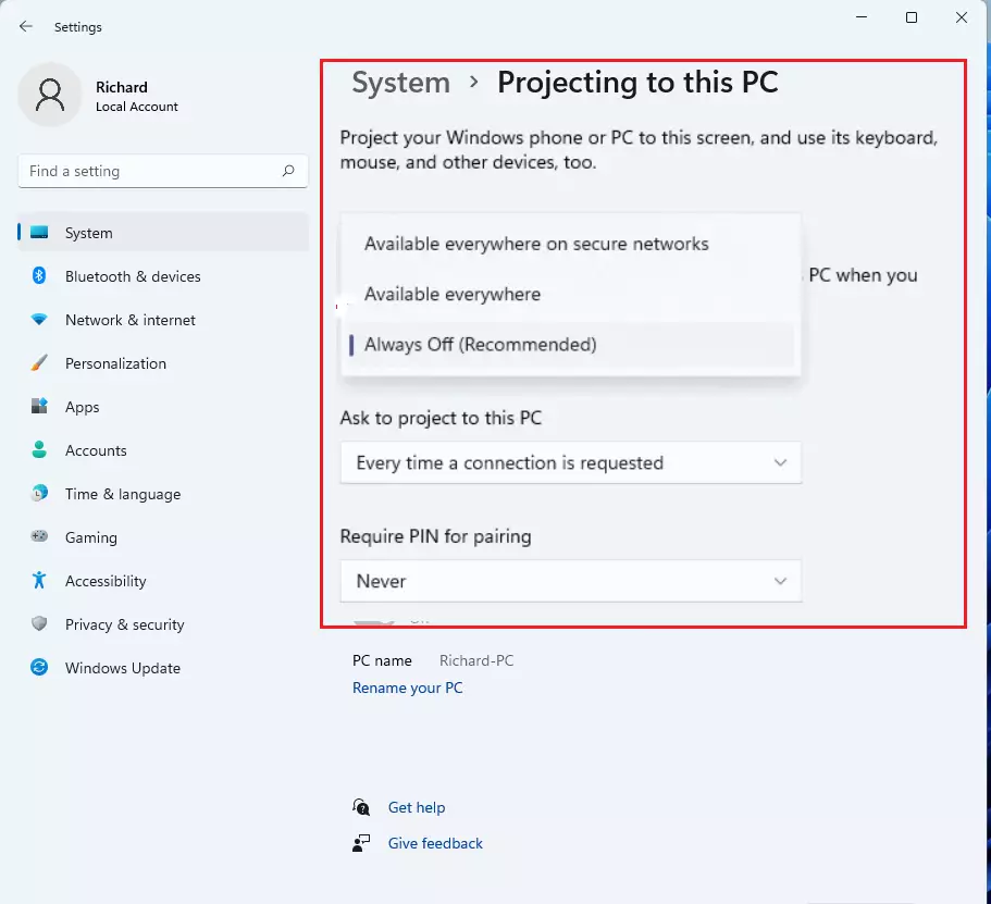 windows 11 project to this pc settings