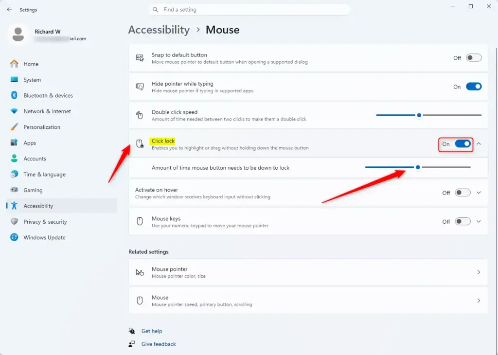 Windows 11 Settings accessibility mouse click lock toggle switch.
