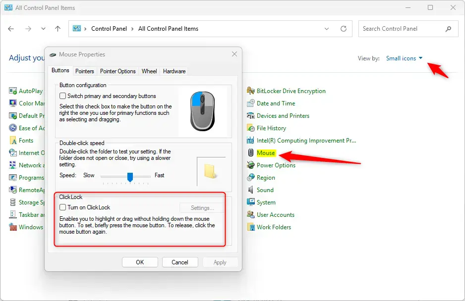 Windows 11 Control Panel mouse settings with click lock option.