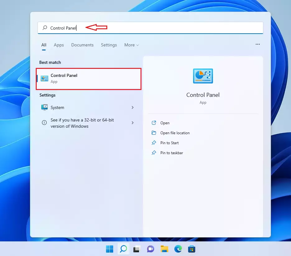 control panel in windows 11 search