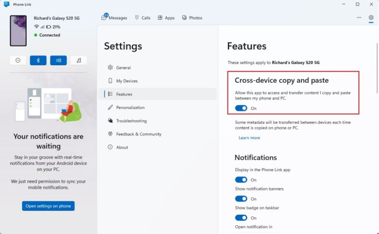 How to Enable or Disable Phone Link App’s Cross-device Copy and Paste ...