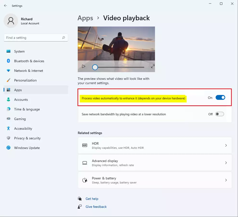 windows 11 enable or disable auto enhance video playback